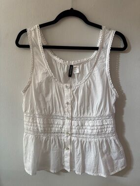 Lace-Trim Button-Front Peplum Tank